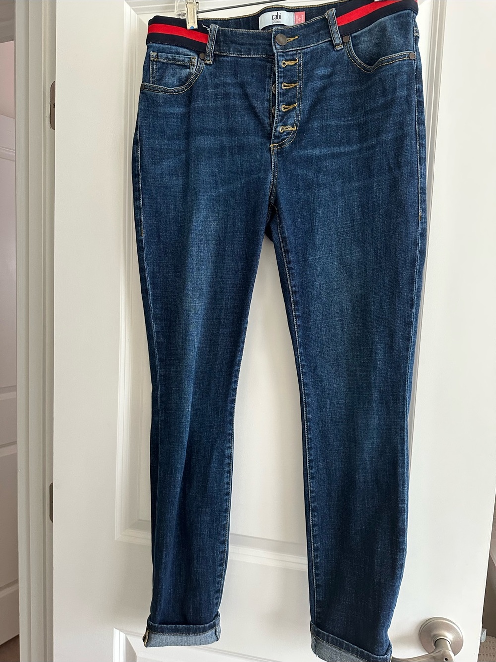 CAbi Straight Leg Dark Blue Jeans with Red-Trim Waistband